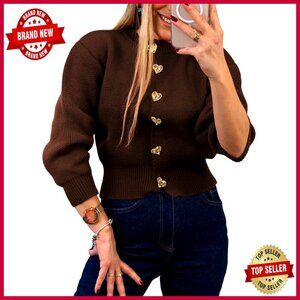 Cropped Knit Cardigan with Heart Buttons, Long Sleeve Fall Winter Sweater